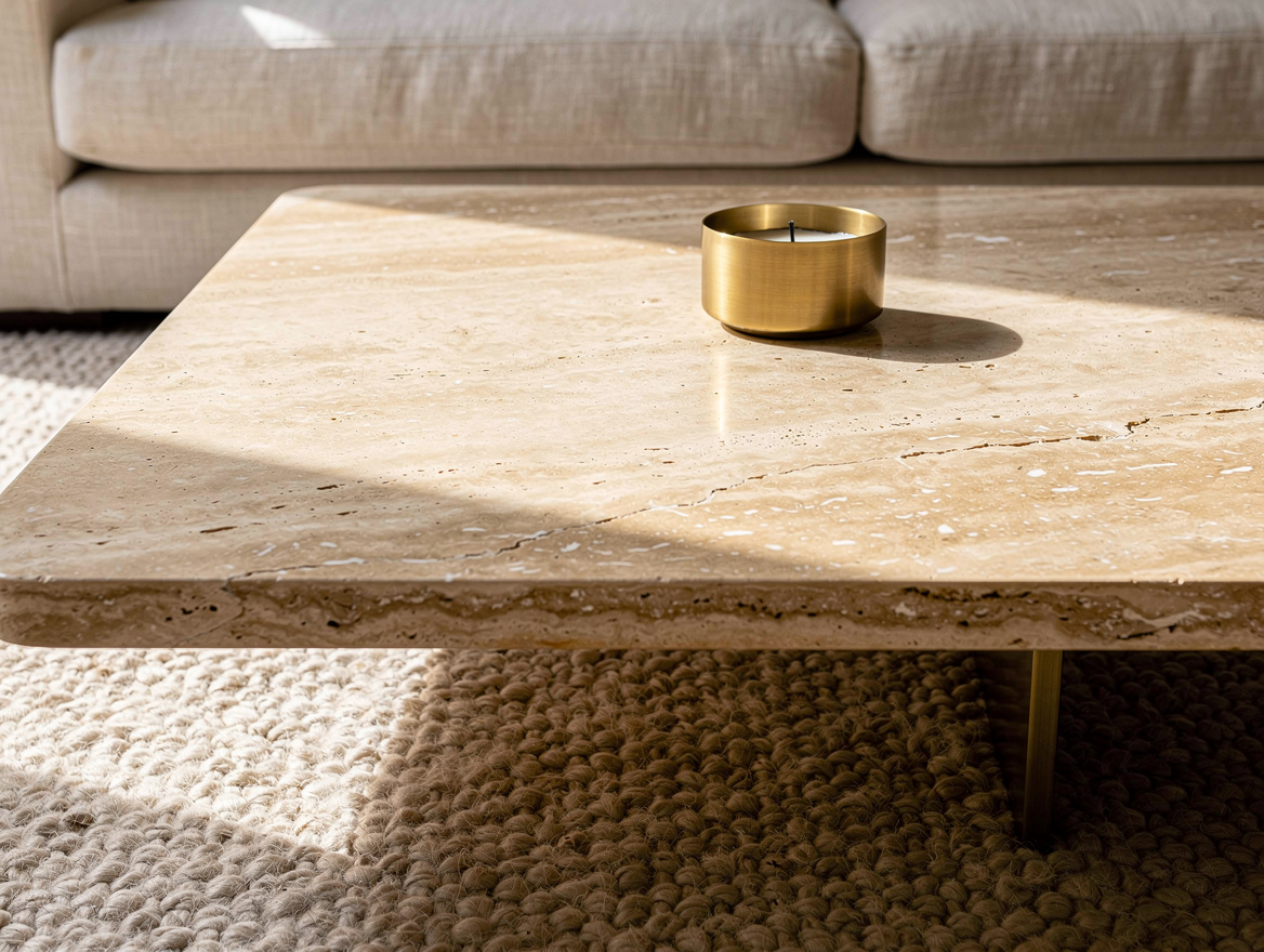 Close-up editorial photo of a living room coffee table with travertine-look surf