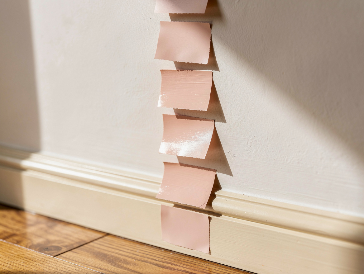 Close-up editorial photo of blush pink paint swatches taped on a wall beside cre