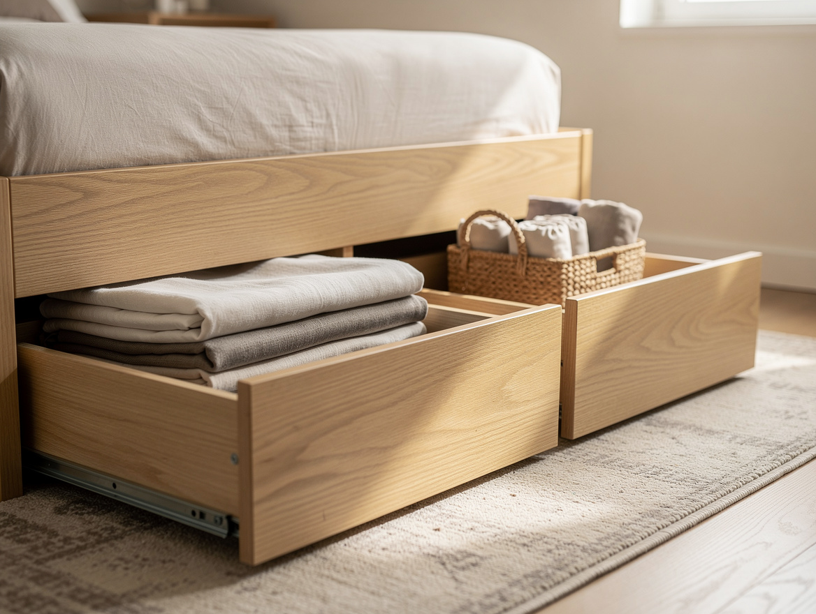 Close-up editorial photo of underbed storage drawers in a small bedroom, light w