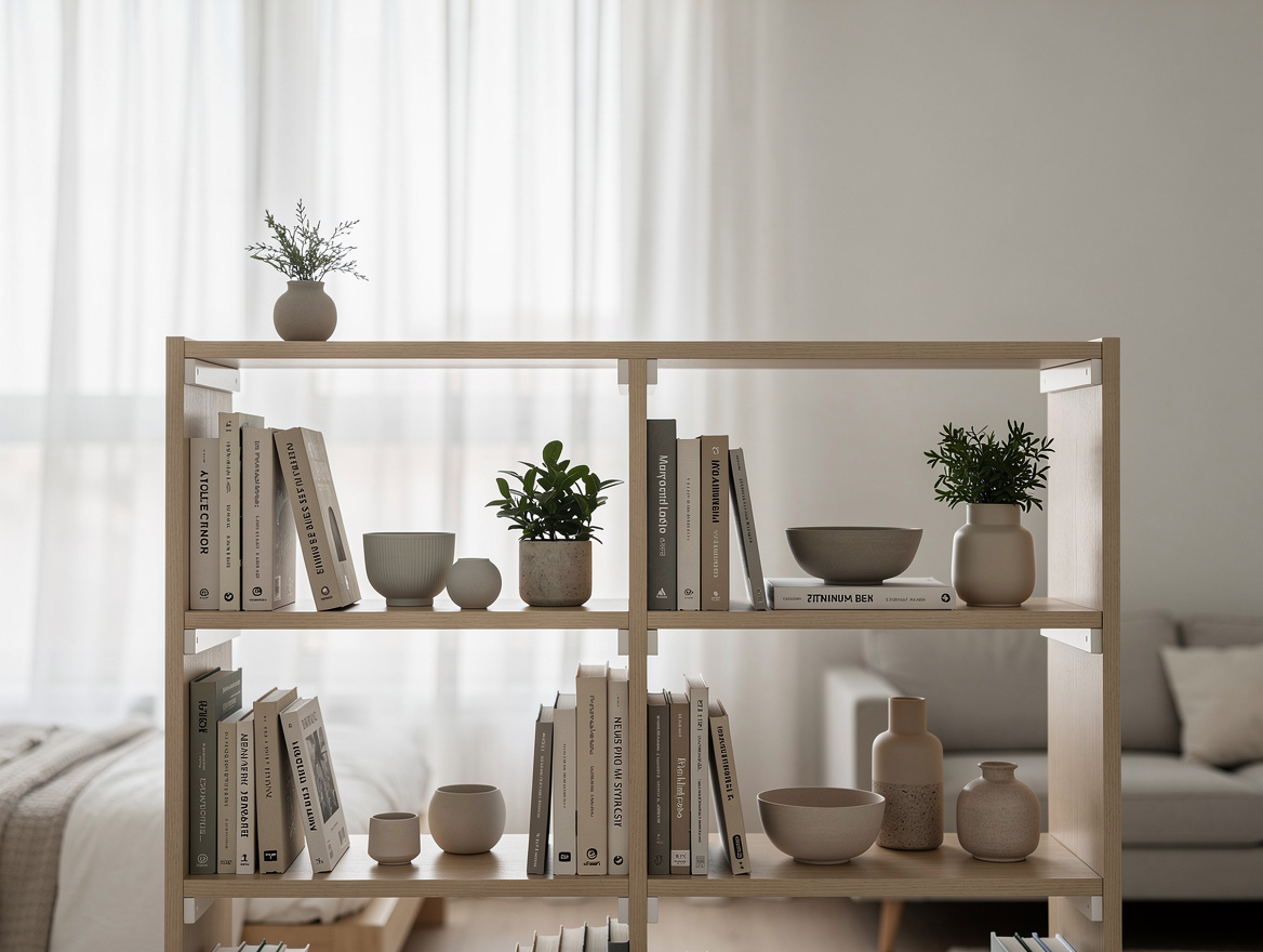 Realistic close-up photo of a studio apartment divider using an IKEA-style open