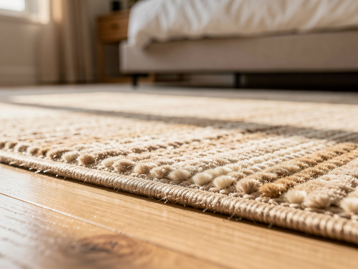 Close-up editorial photo of a soft wool-blend bedroom rug in warm beige beside a