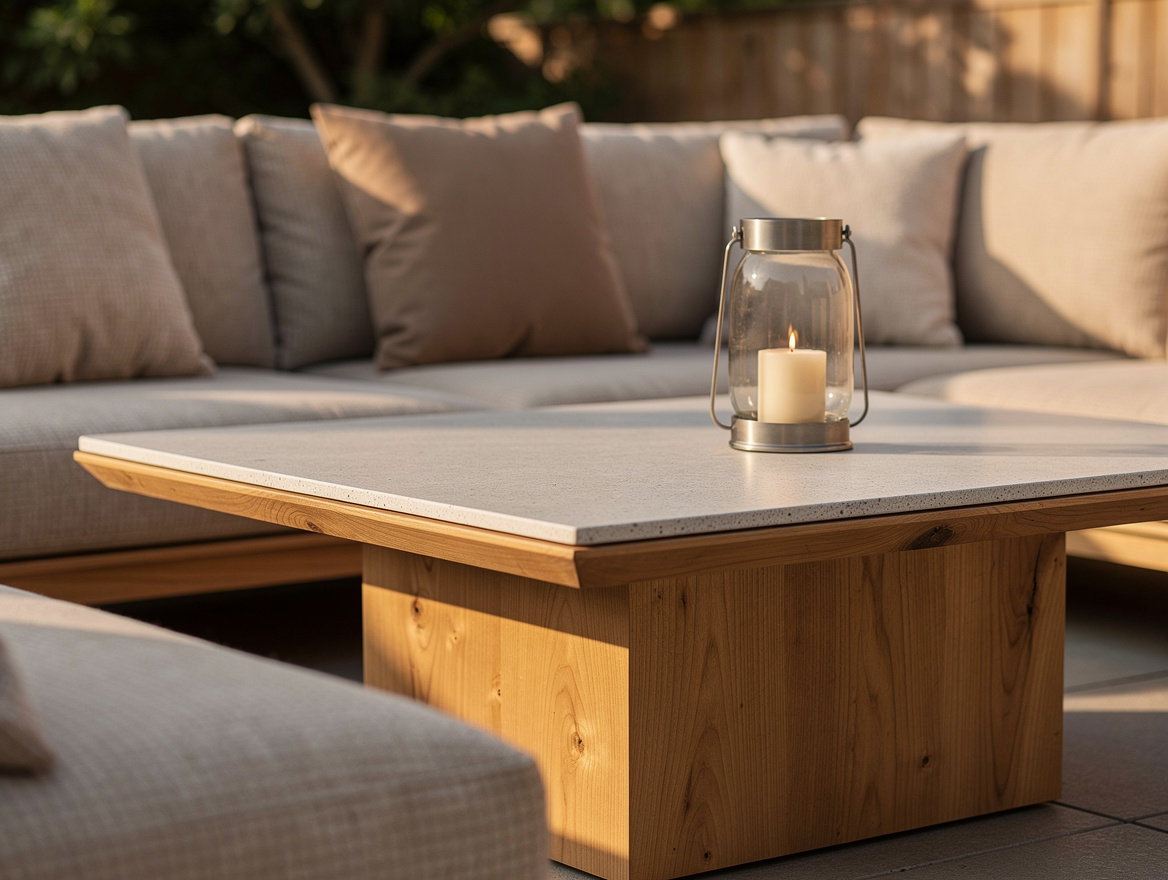Close-up editorial photo of a backyard coffee table with textured outdoor cushio
