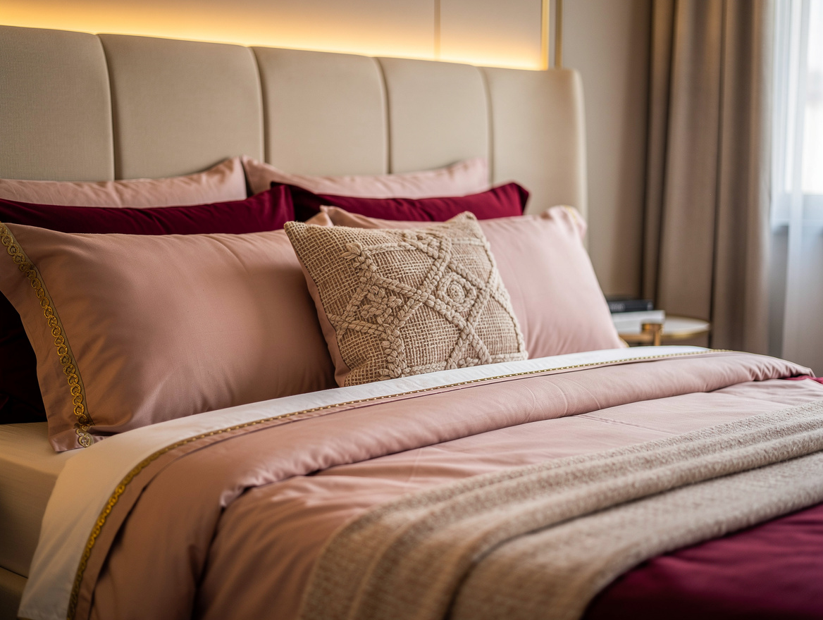 Close-up editorial detail of pastel bedding on a full-size bed with a soft beige