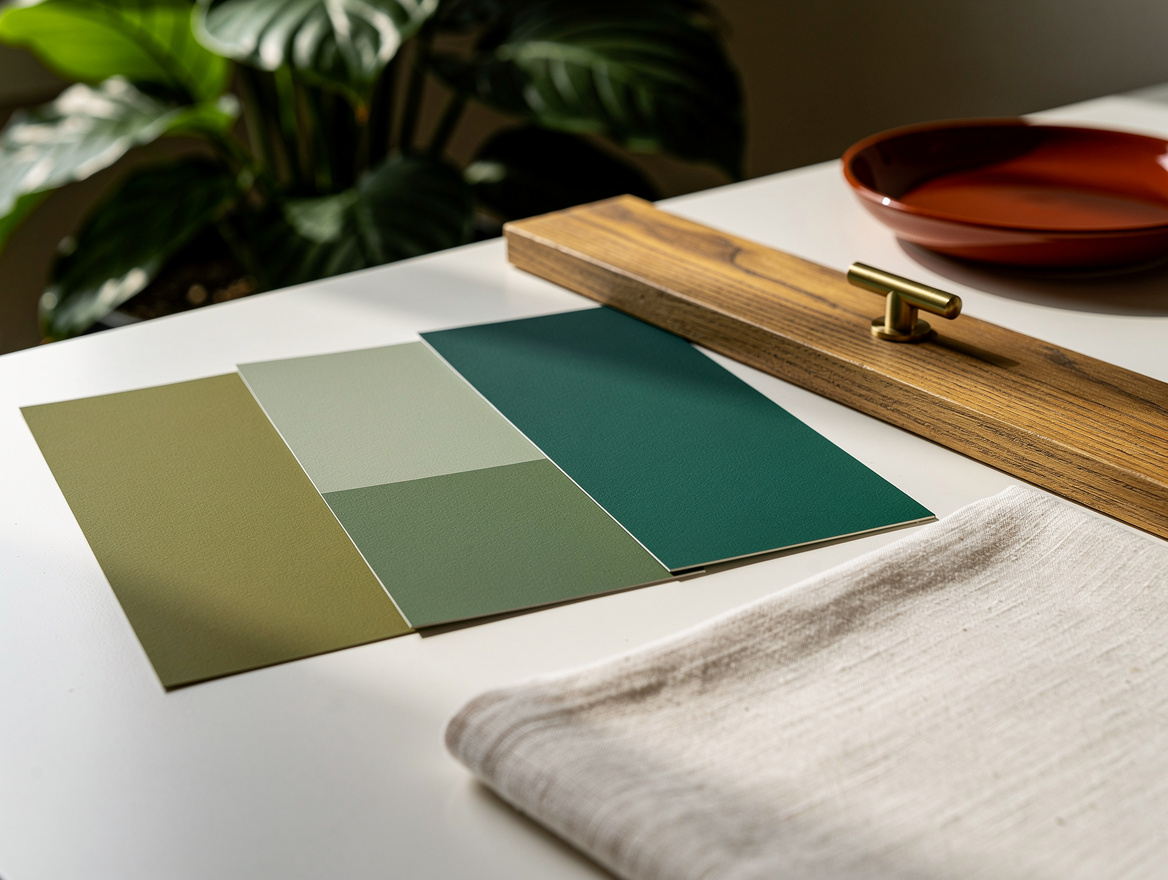 Realistic close-up editorial photo of painted wall swatches in olive, eucalyptus