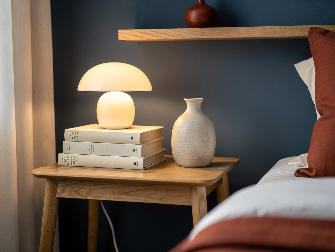 Close-up editorial photo of a compact apartment corner with a warm table lamp, s