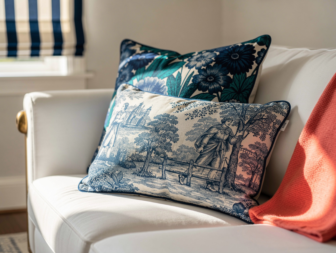 Realistic editorial close-up of layered blue-and-white textiles on a white sofa: