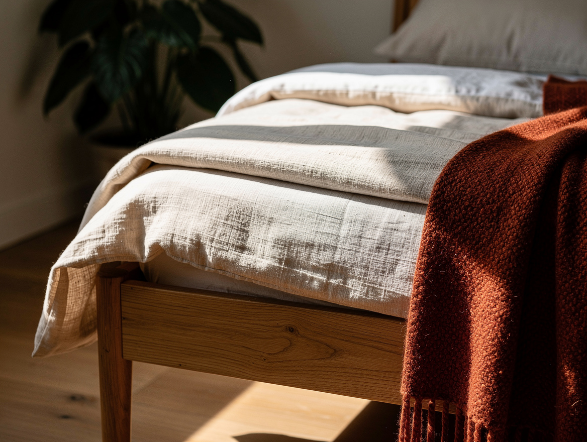 close-up of folded linen bedding on an oak bed frame, warm natural light, soft b