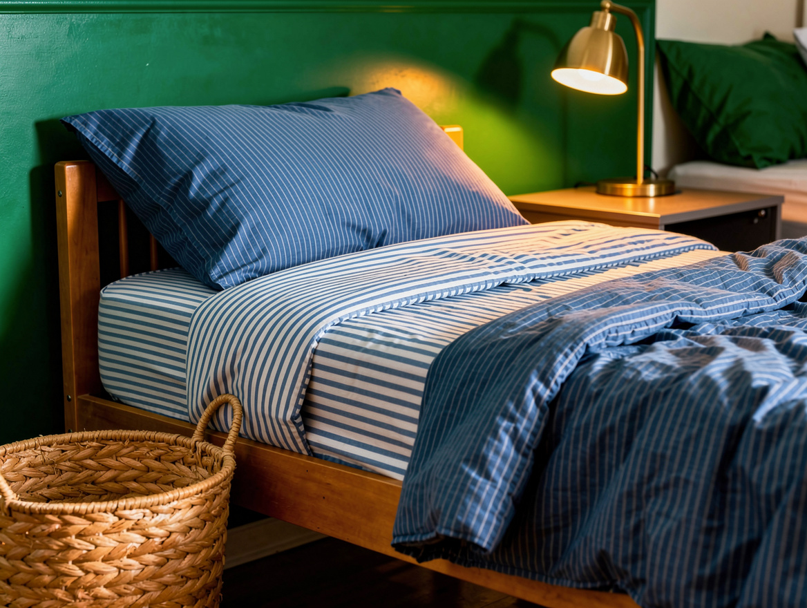 Realistic editorial close-up of a Twin XL dorm bed with blue striped cotton bedd