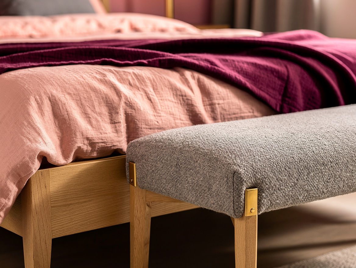 Close-up editorial detail of blush linen duvet, gray boucle bench, and oak bed f