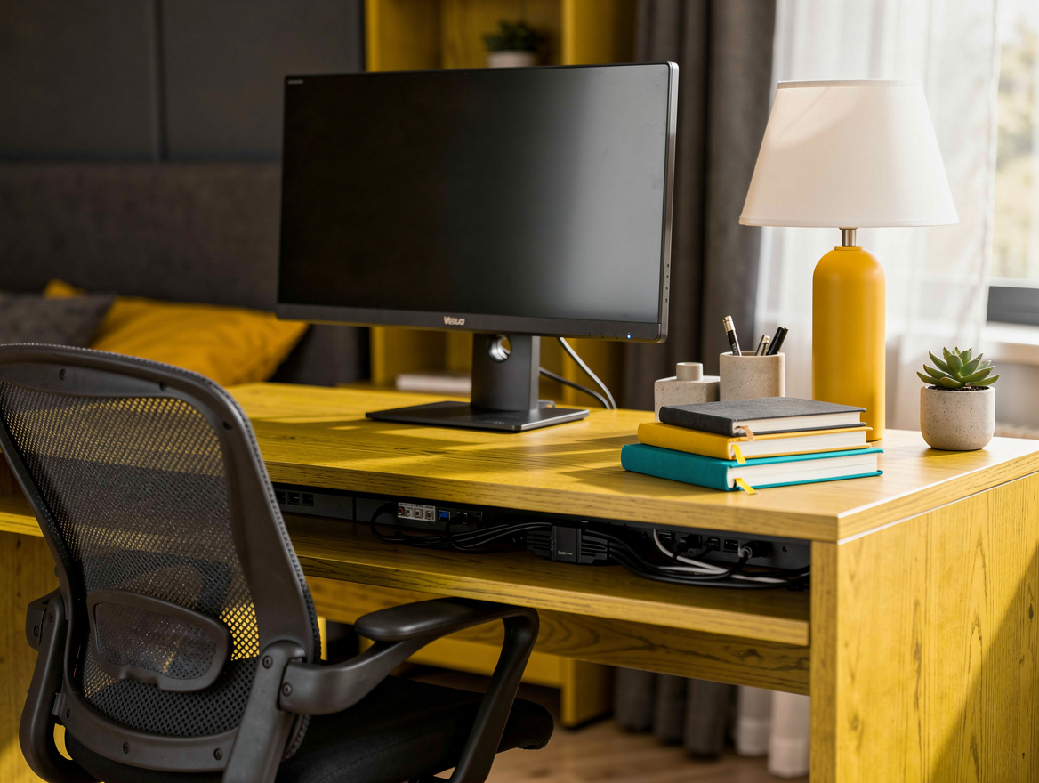 Close-up detail of a grown-up teen bedroom desk, slim monitor, cable tray, mesh