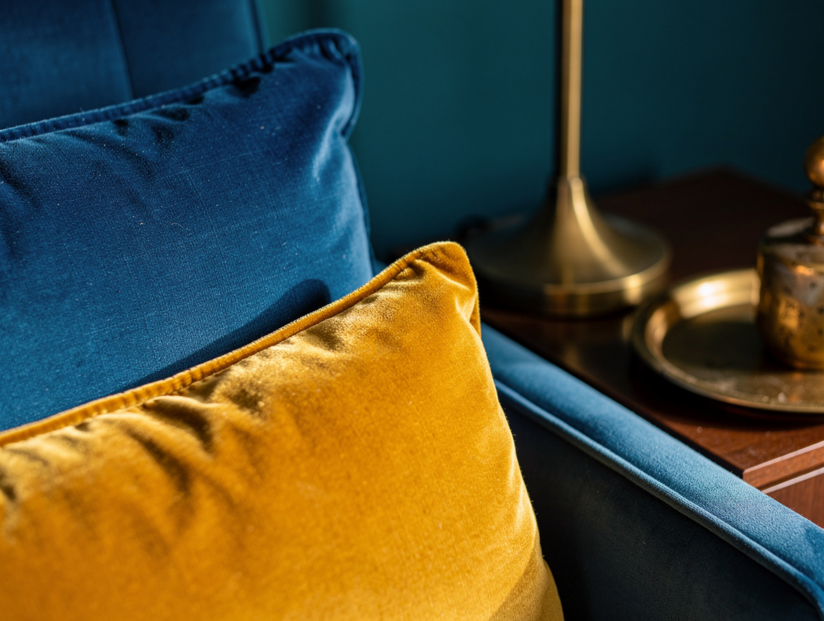 Close-up editorial photo of blue upholstery paired with goldenrod velvet and age