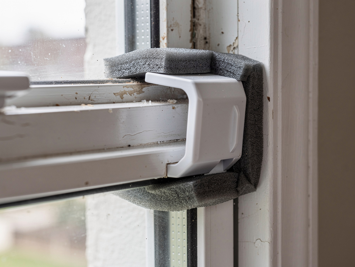 Close-up editorial photo of a portable AC window vent kit sealed with foam weath
