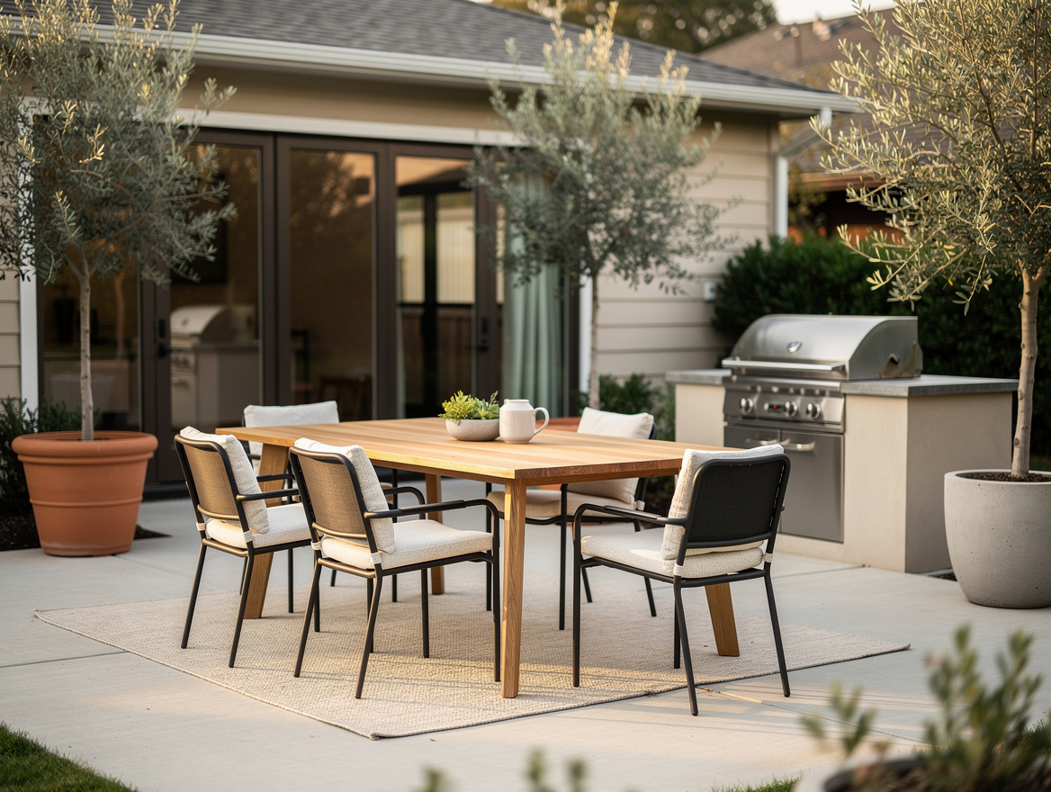 Medium shot of a US backyard patio with mixed-material furniture, wood table, bl