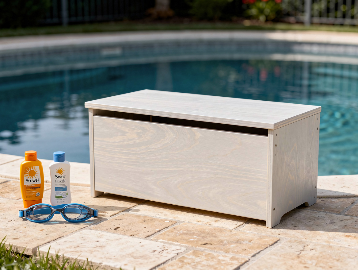 Medium shot of a compact painted plywood storage bench beside a backyard pool, b