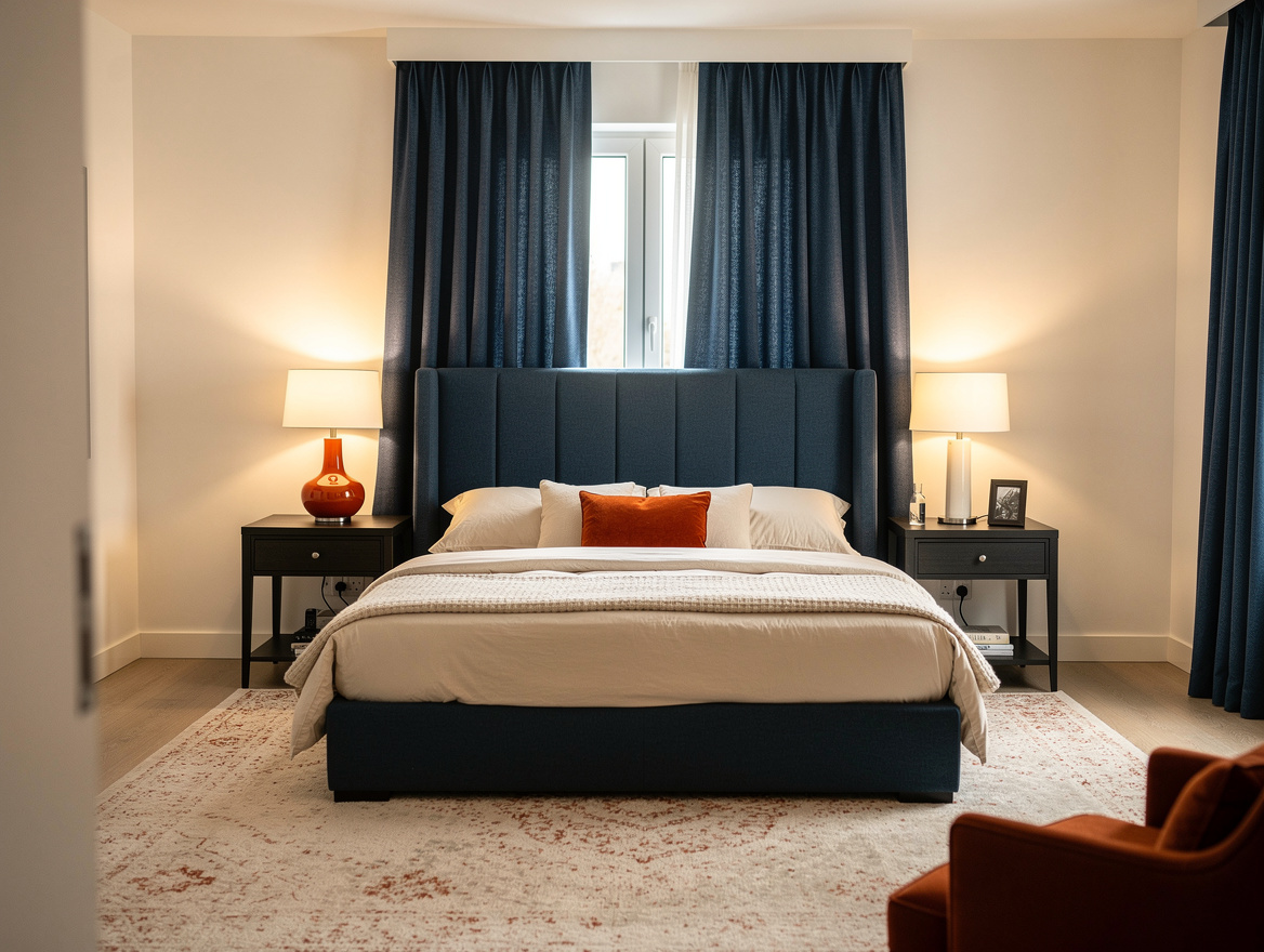 Realistic medium shot of a neutral bedroom with warm white paint, queen bed, uph
