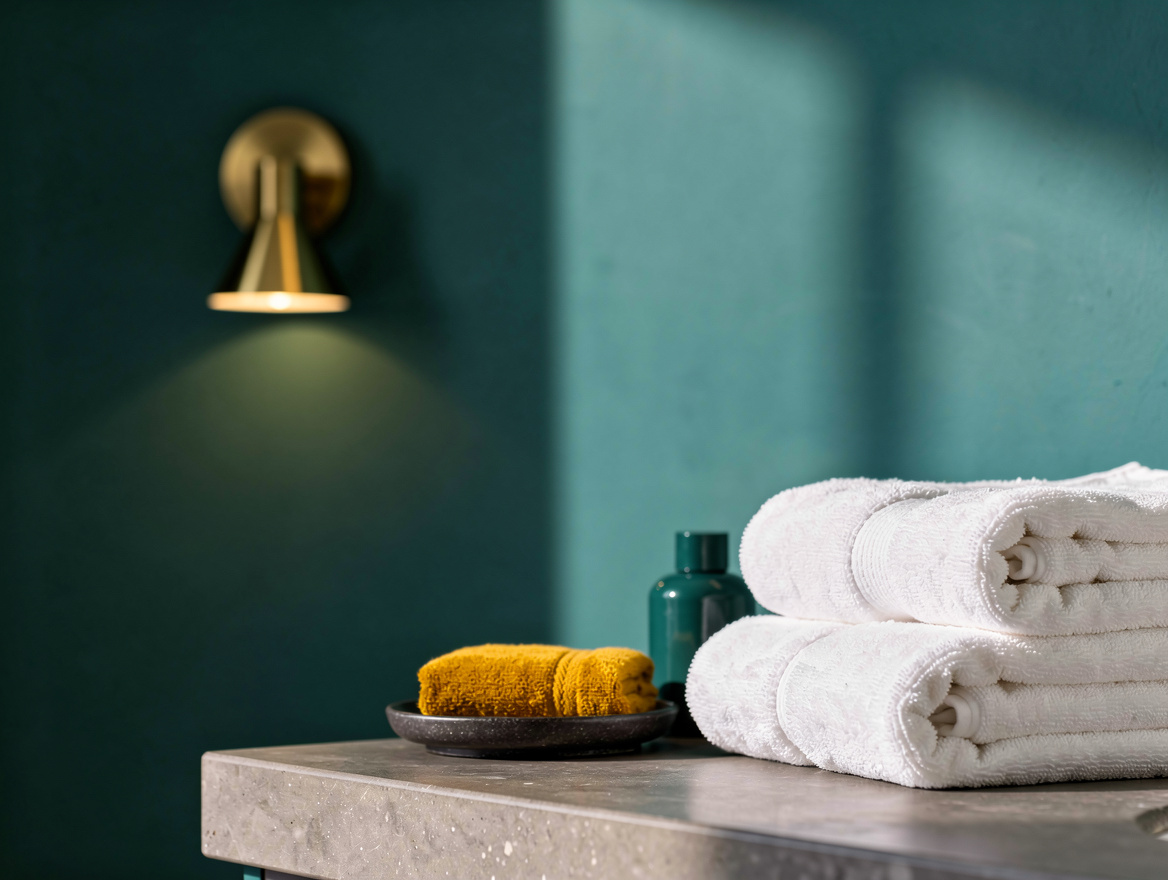 A spa-style bathroom wall in smoky jade blue-green, matte stone counter, folded