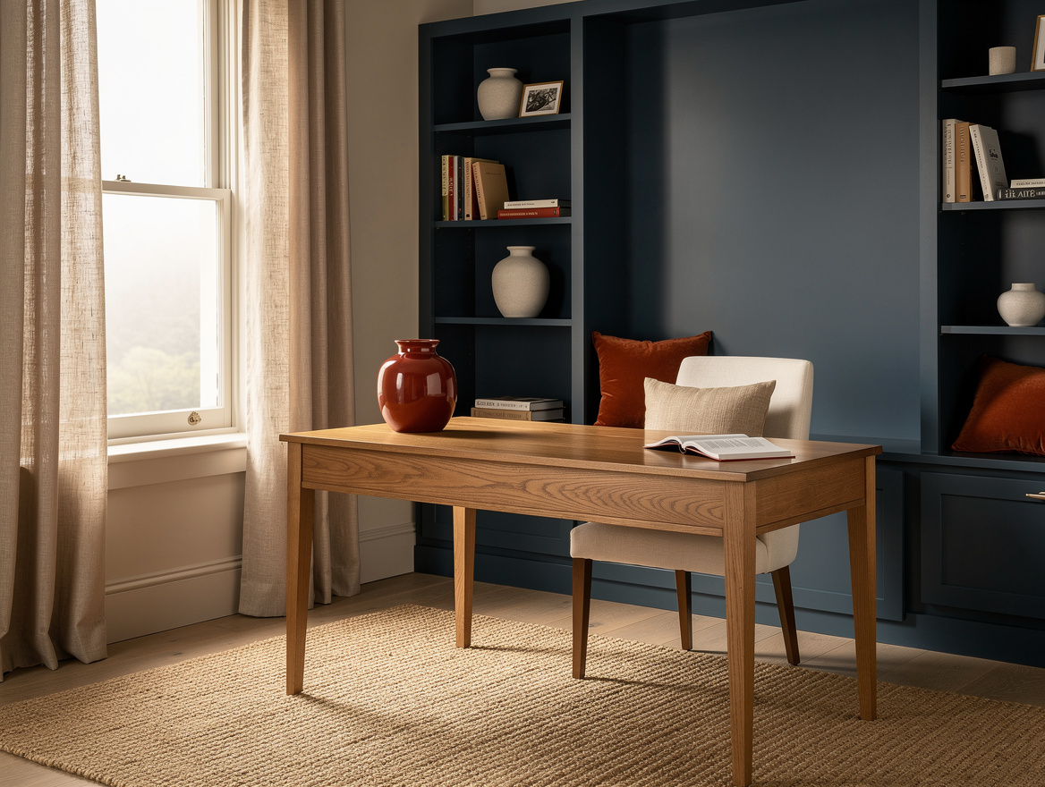 Realistic medium-shot editorial photo of a compact home office with soft greige