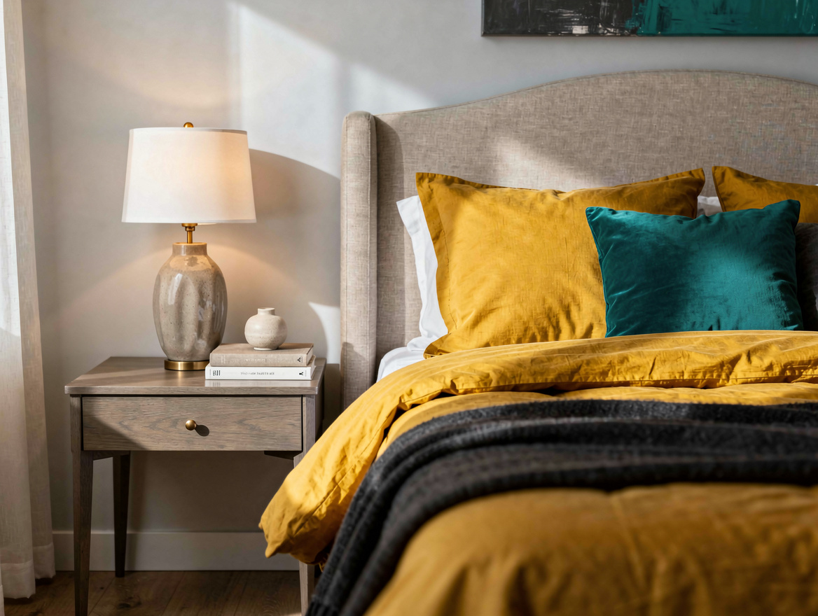 Medium shot of a bedroom with a tall upholstered bed in warm beige linen, curved