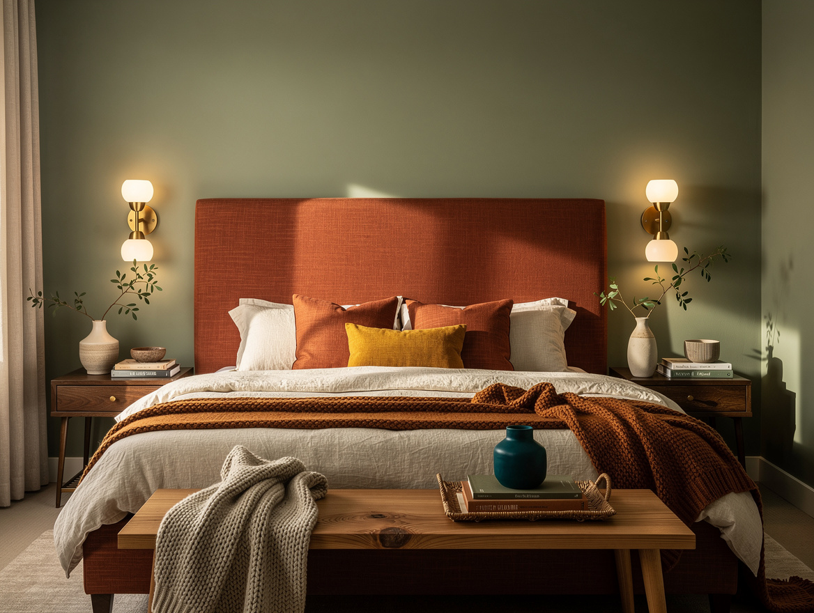 Medium shot of a refreshed bedroom with oversized upholstered headboard, plug-in