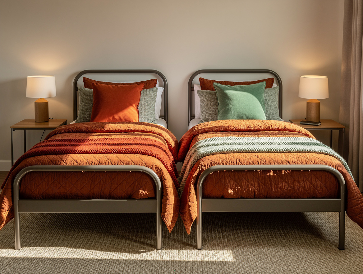 Realistic editorial medium shot of a small guest room with two matching twin bed