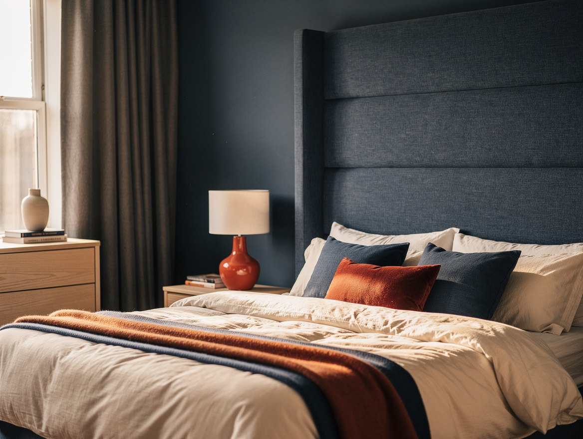 Medium shot of a warm primary bedroom with an oversized upholstered headboard, f