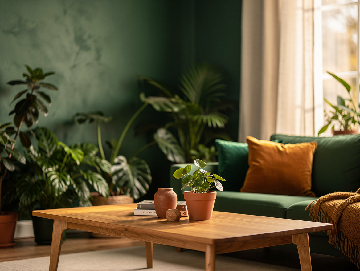 Medium shot of a green living room with sage walls, off-white curtains, oak coff