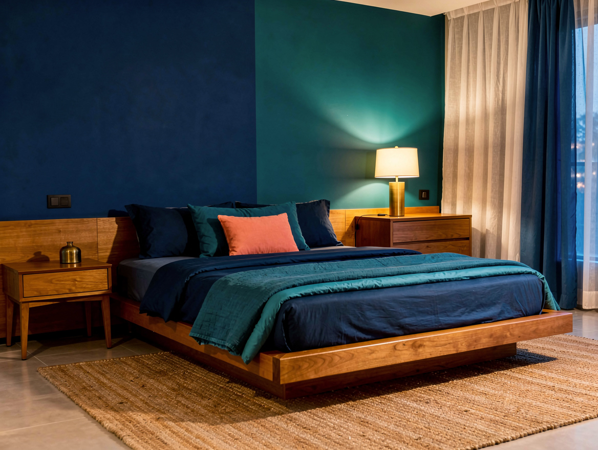 Medium shot of a blue bedroom with a low platform bed, warm wood furniture, jute