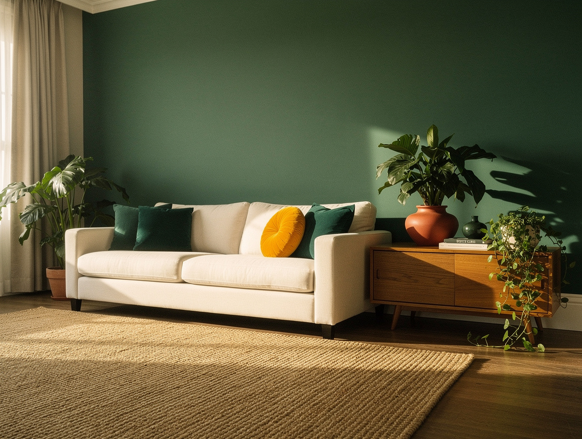 Realistic editorial medium shot of a sage living room with off-white sofa, oak m