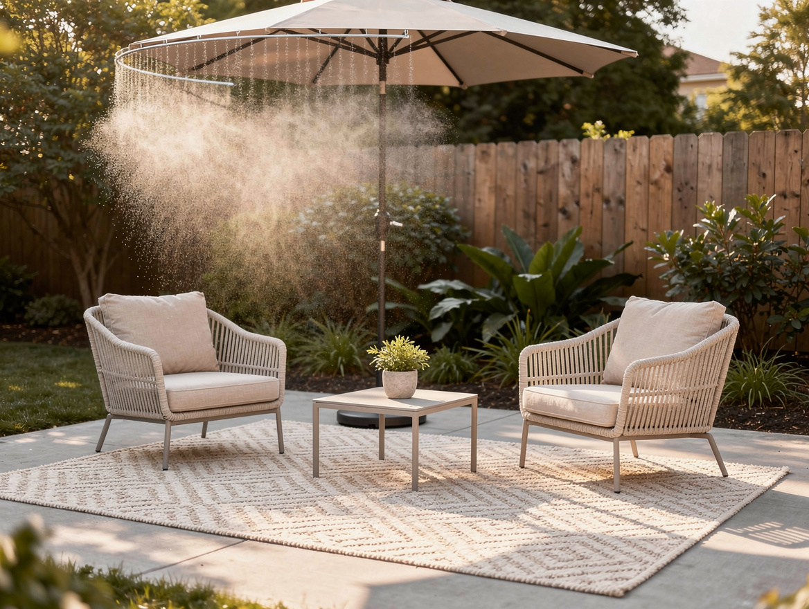 Medium shot of a backyard patio with a light outdoor rug over concrete, pale wic
