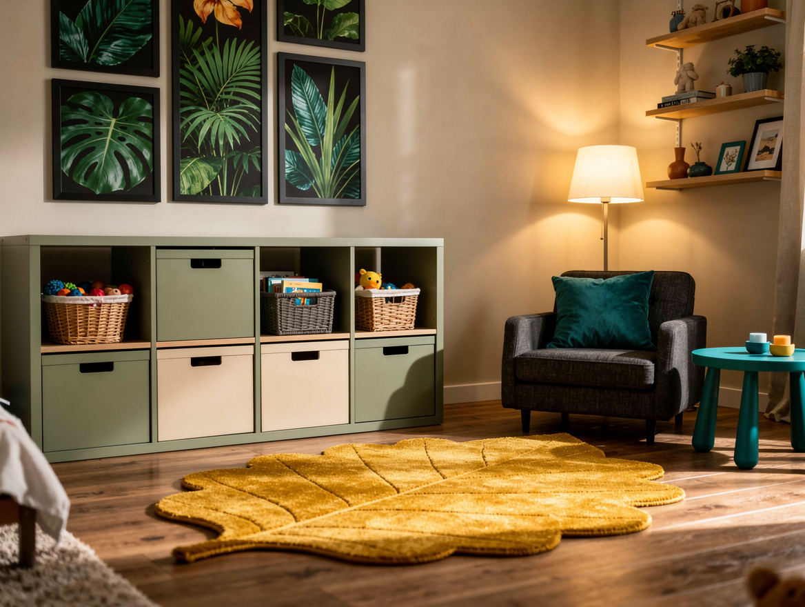 Realistic medium shot of a cozy kids bedroom with low IKEA-style storage, botani