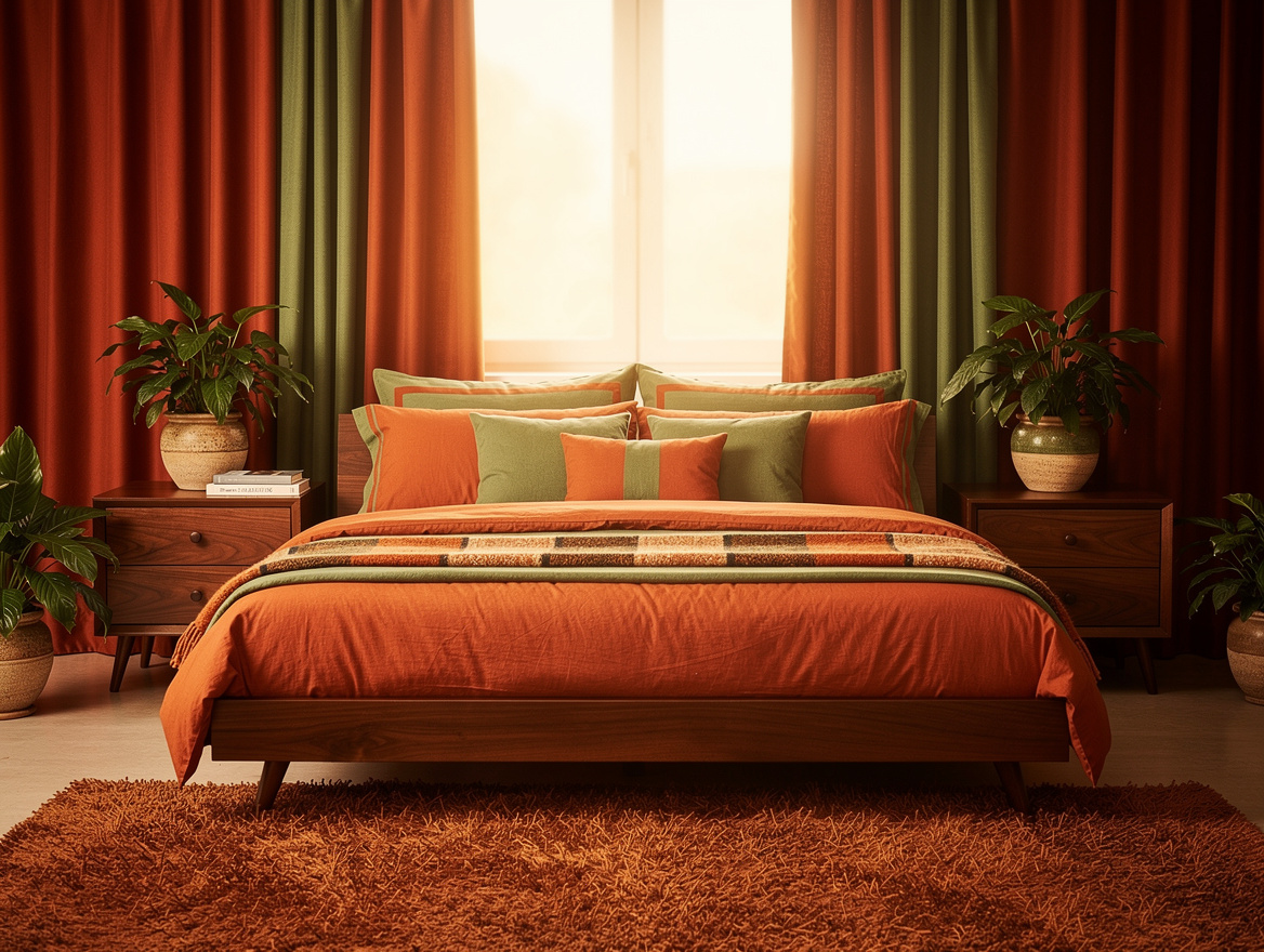 Medium shot of a 1970s-style bedroom with a low bed, walnut nightstands, shag ar