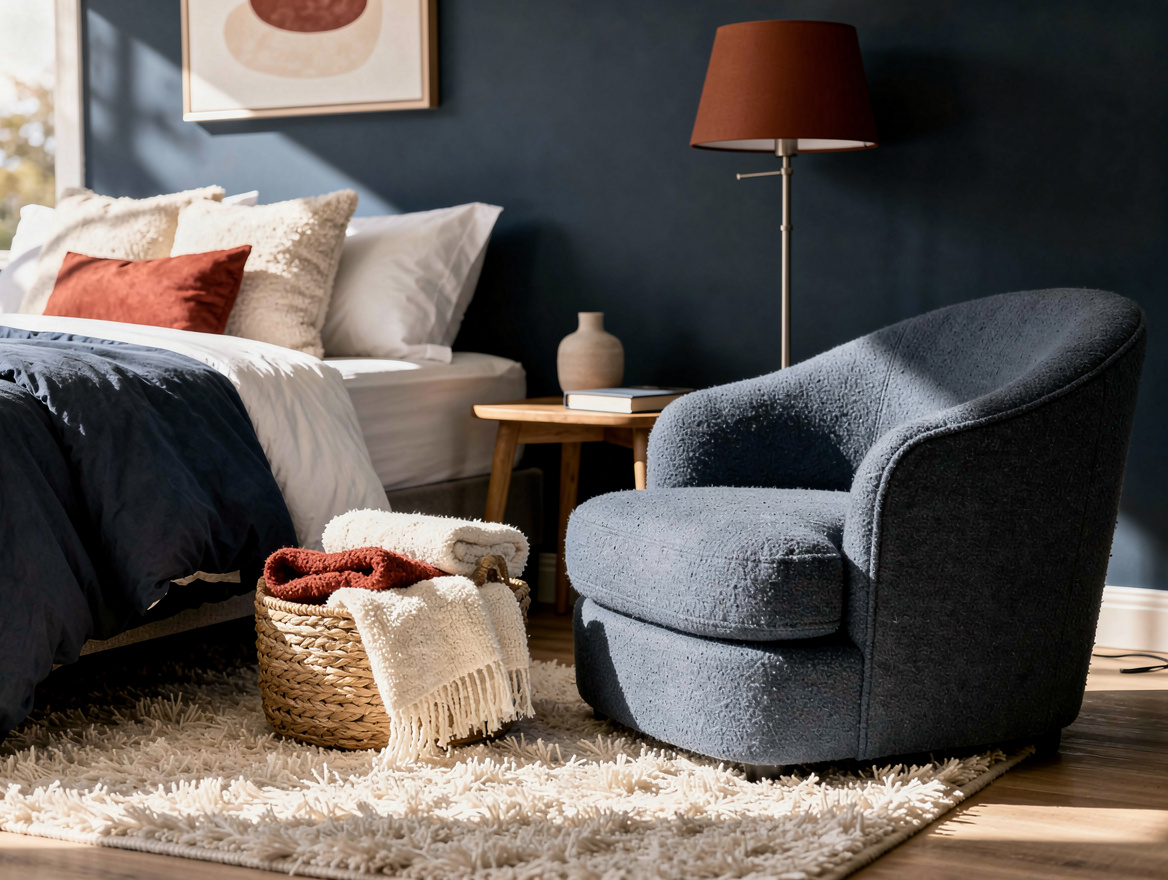 Medium shot of a cozy bedroom reading corner with a boucle accent chair, slim fl