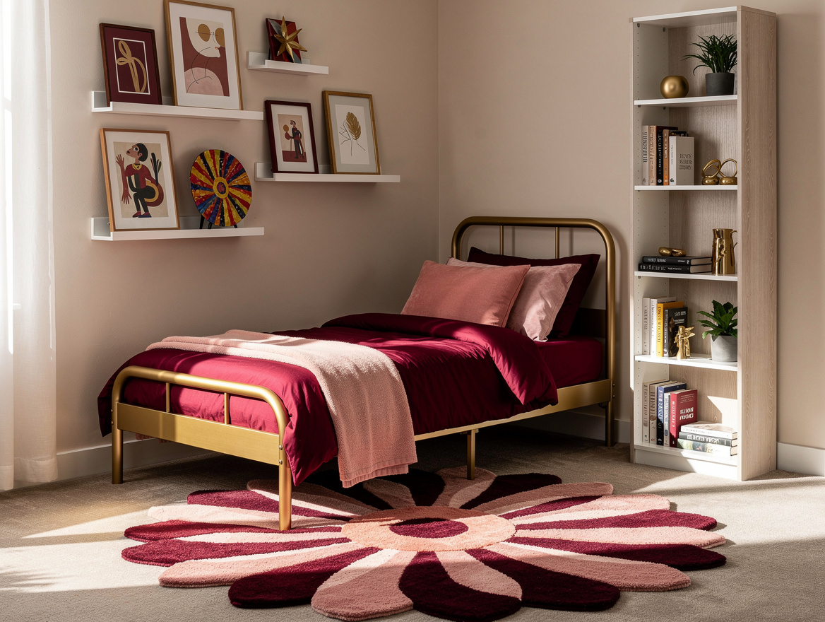 Medium shot of a compact 10-by-12-foot bedroom with a twin metal bed, flower-sha