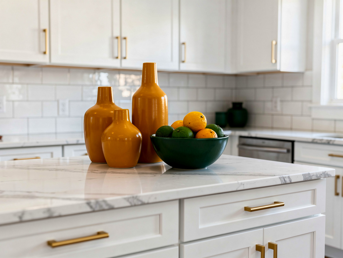 Realistic editorial medium shot of a US kitchen with white cabinets, quartz coun