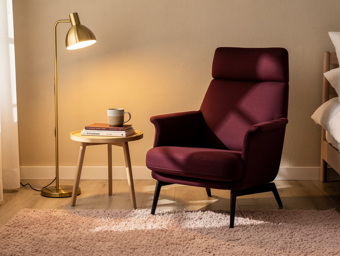 Realistic editorial medium shot of a cozy bedroom corner with an IKEA-style read