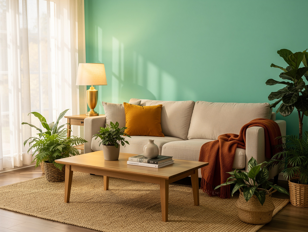 Realistic editorial medium shot of a small spring living room with one mint acce