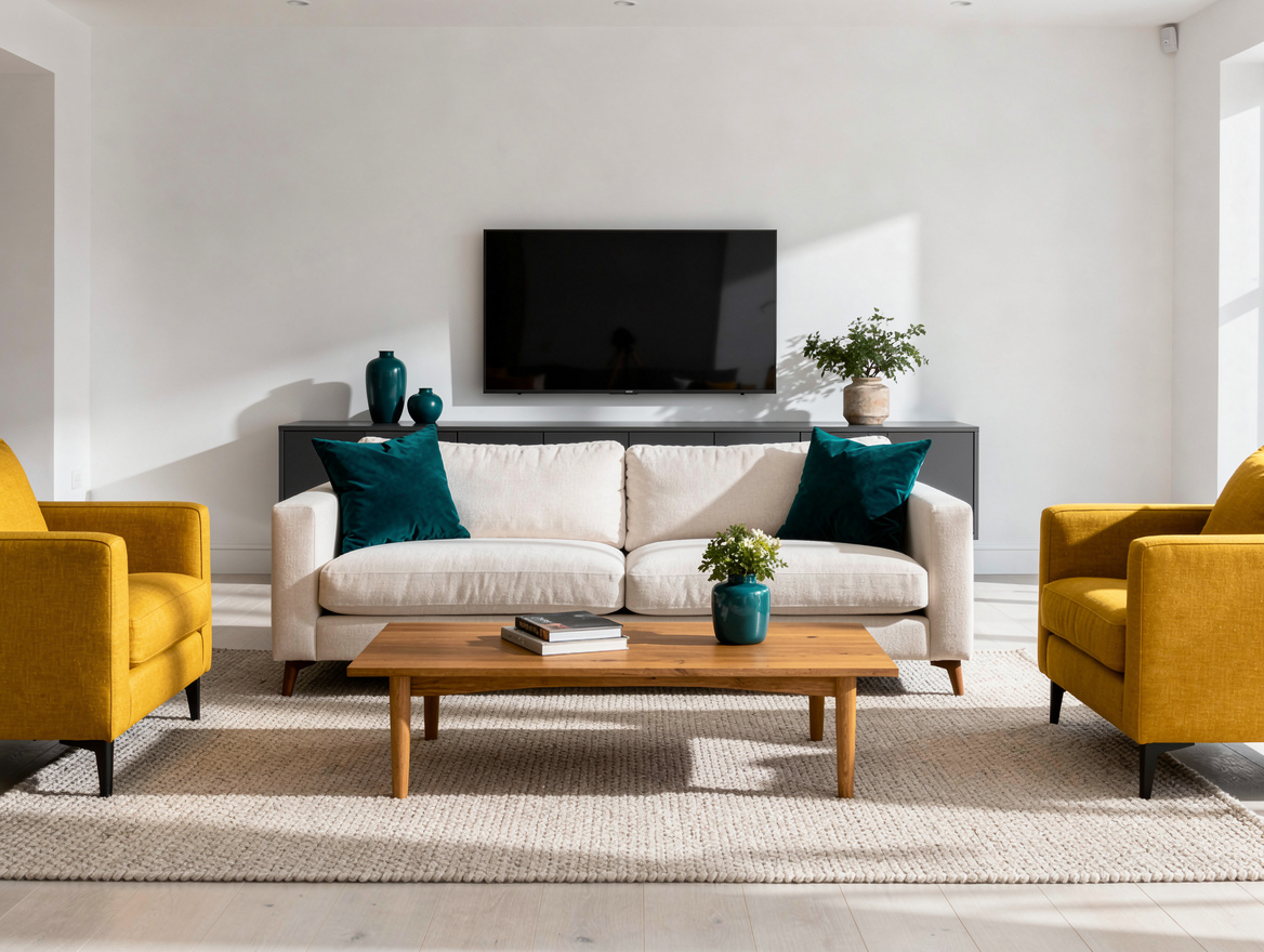 Medium shot of a white living room with ivory sofa, large neutral rug under fron