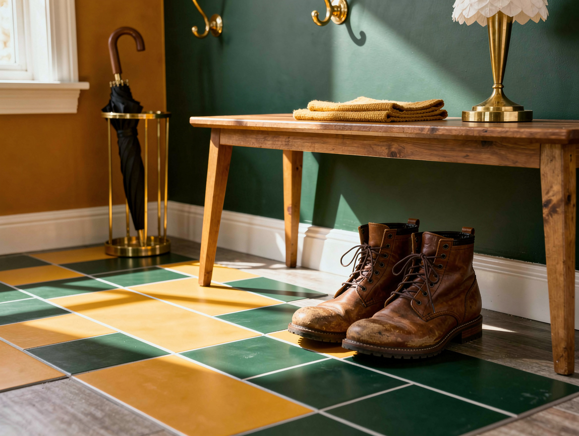 Realistic medium shot of a small entryway with peel-and-stick floor tiles being