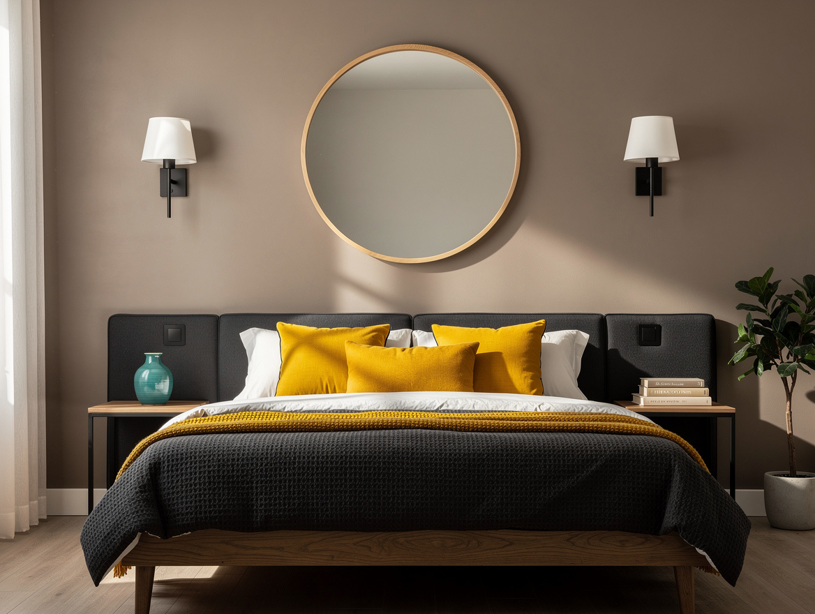 Mid-range interior photo of a modern bedroom accent wall behind a queen bed, war