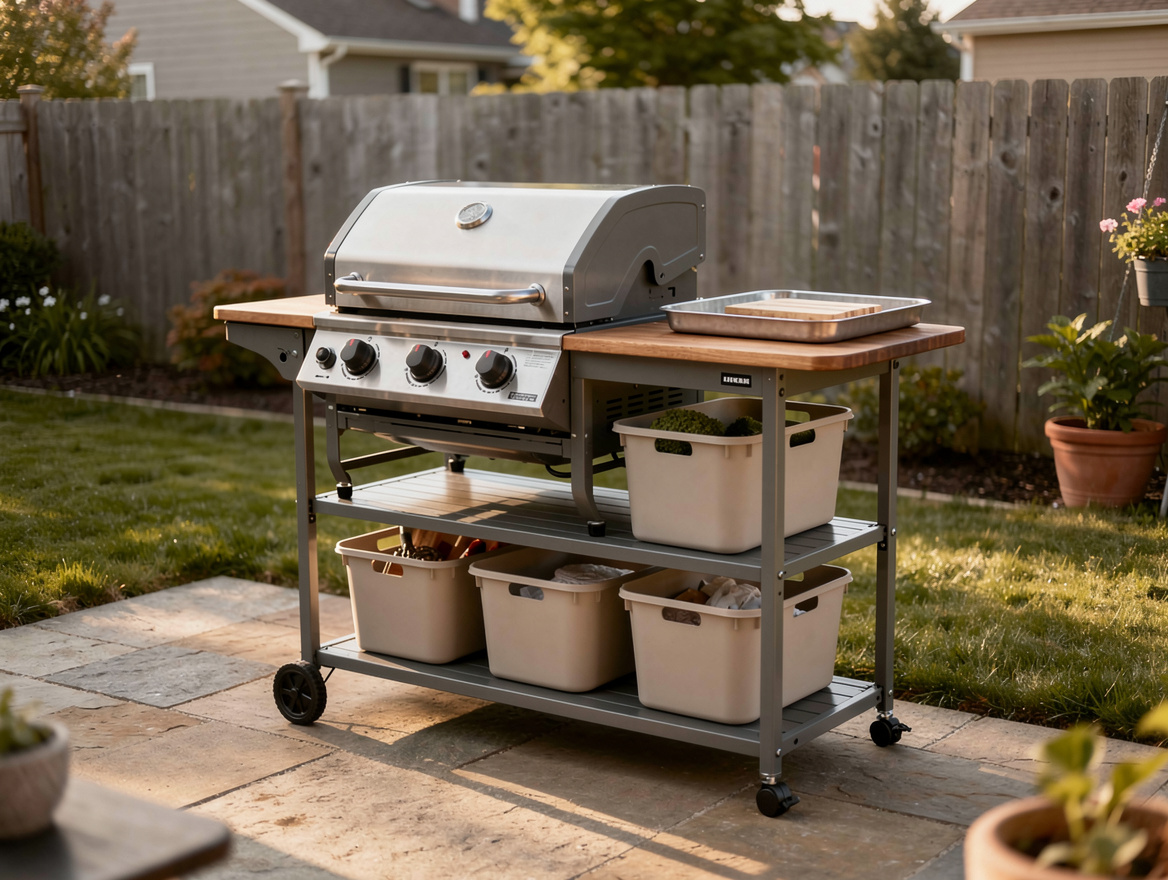 Medium shot of a compact backyard grill station upgraded with an IKEA-style util