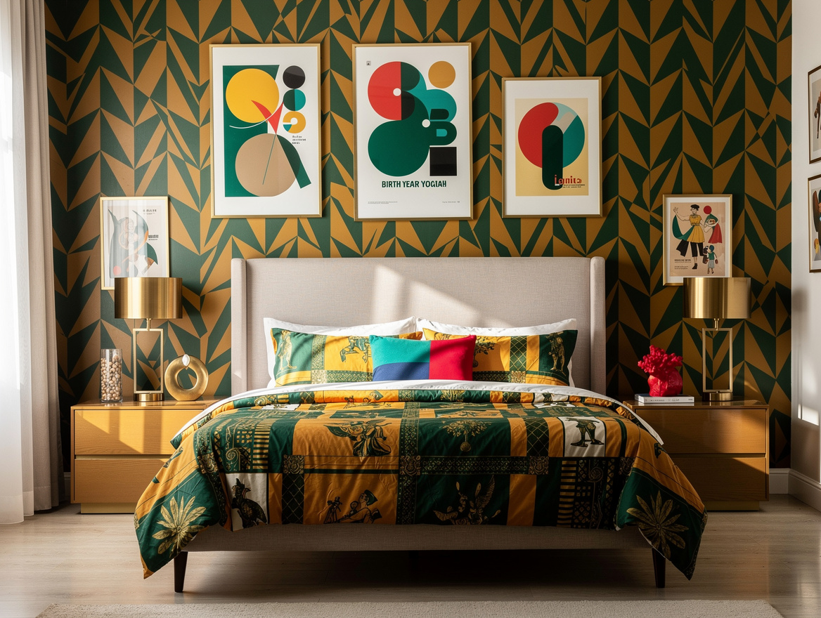 Medium shot of a birth-year inspired bedroom with geometric wallpaper accent wal