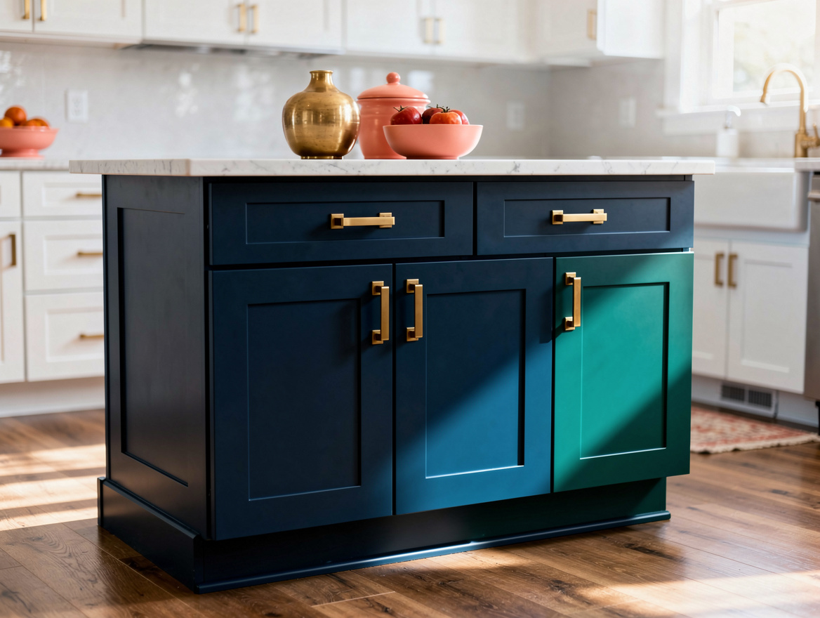 Realistic medium-shot home decor photo of a navy blue painted kitchen island wit