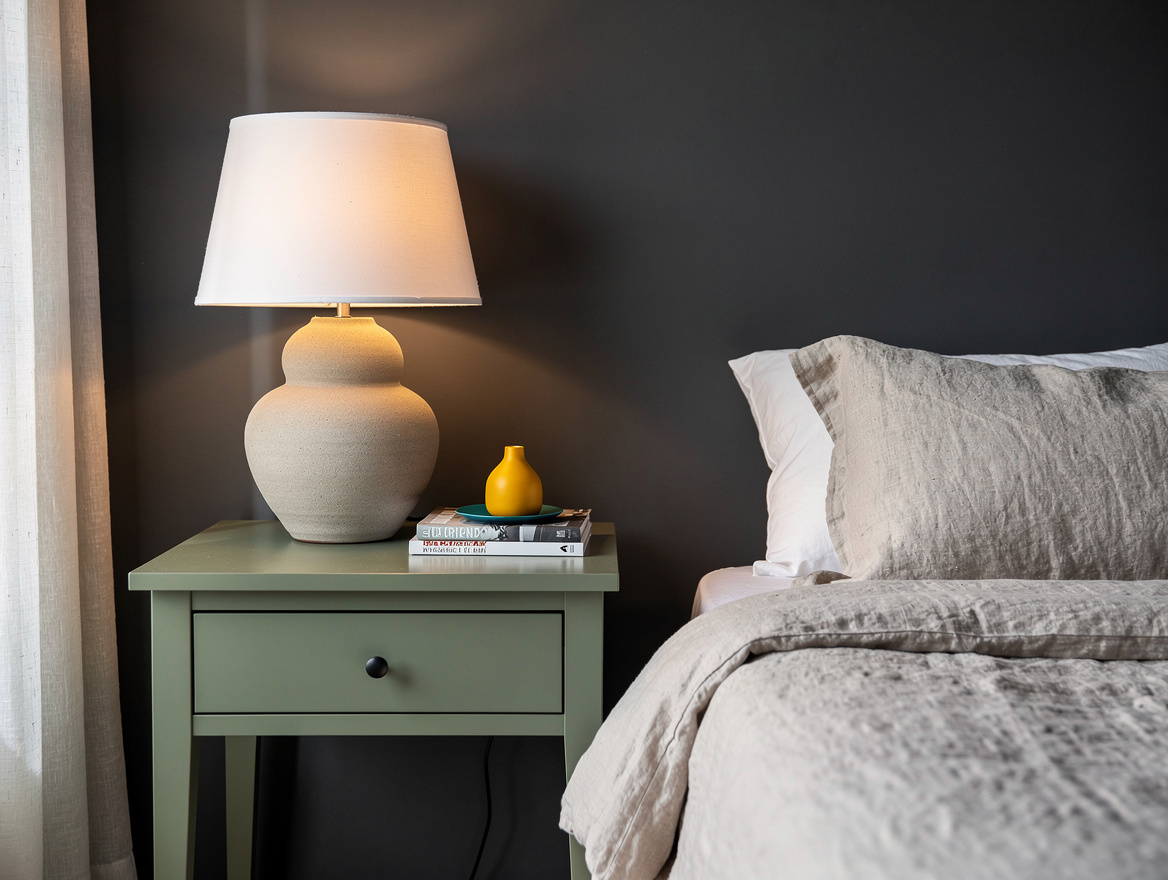 Medium shot of a sage green nightstand beside a neatly made bed with linen beddi