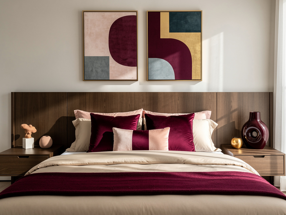 Medium shot of a queen bed with a wood panel headboard, simple nightstands, neut