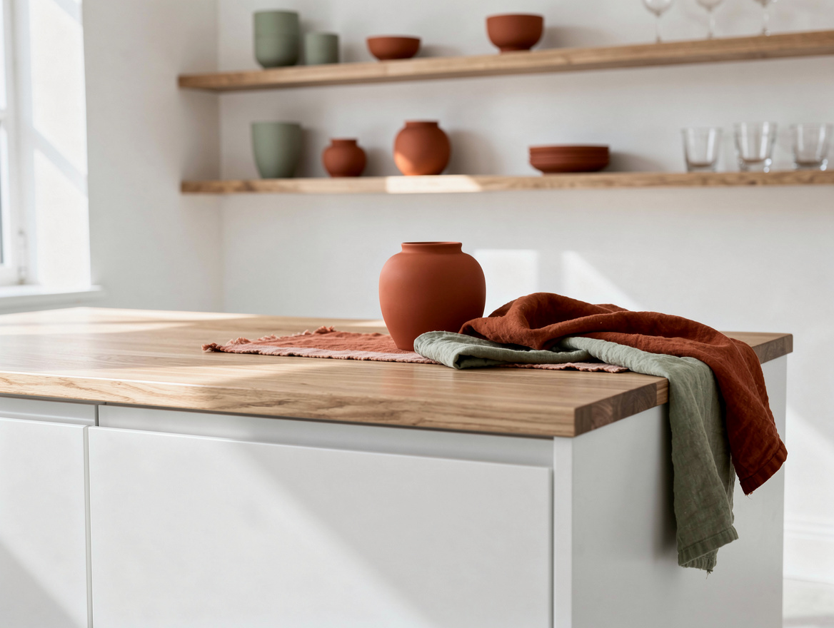 Medium shot of a Scandinavian white kitchen island with a light oak wood surface