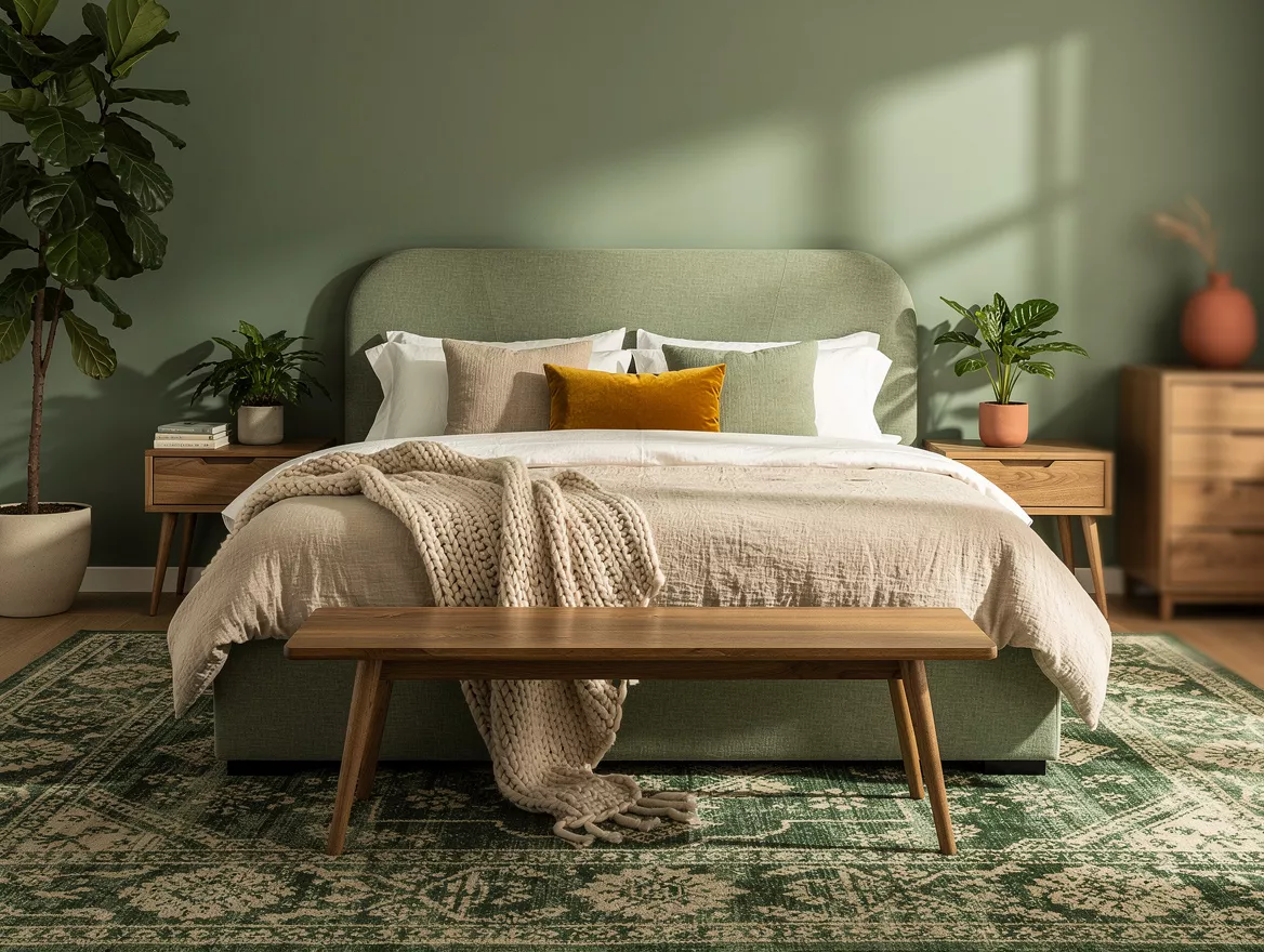 Medium shot of a dreamy sage green bedroom with an upholstered bed, layered neut