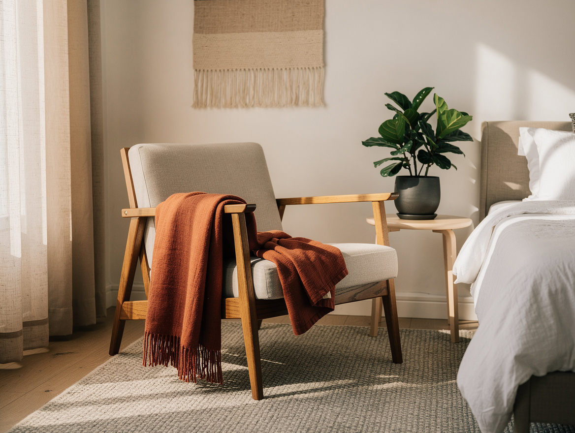Medium shot of a Japandi bedroom corner with a wood-framed accent chair, neutral