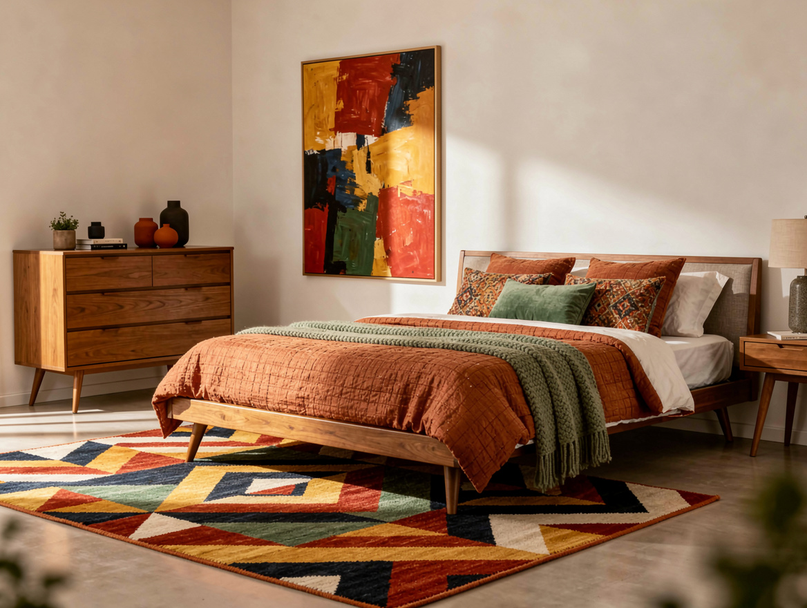 Medium shot of a midcentury modern bedroom with a low platform bed, 6-by-9 geome