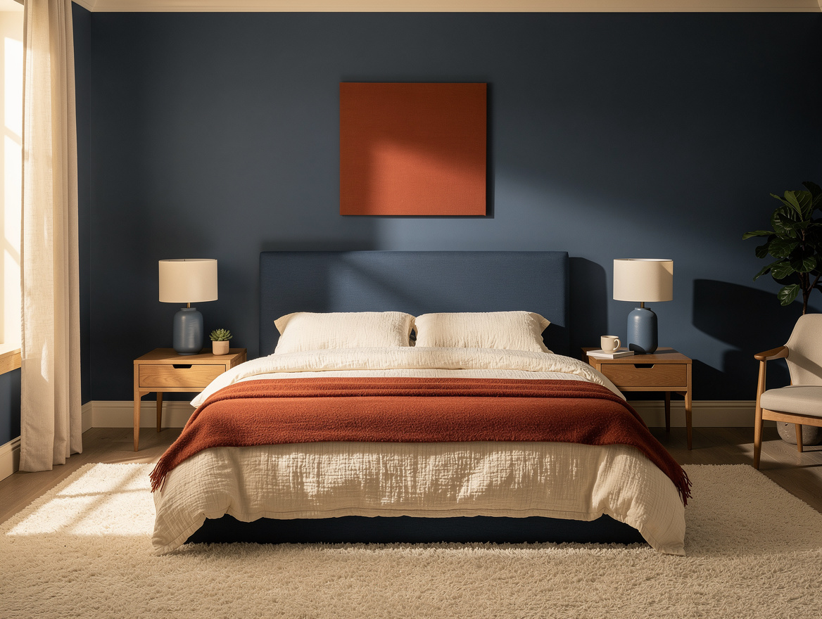 Medium shot of a small bedroom with queen bed centered on the longest wall, soli