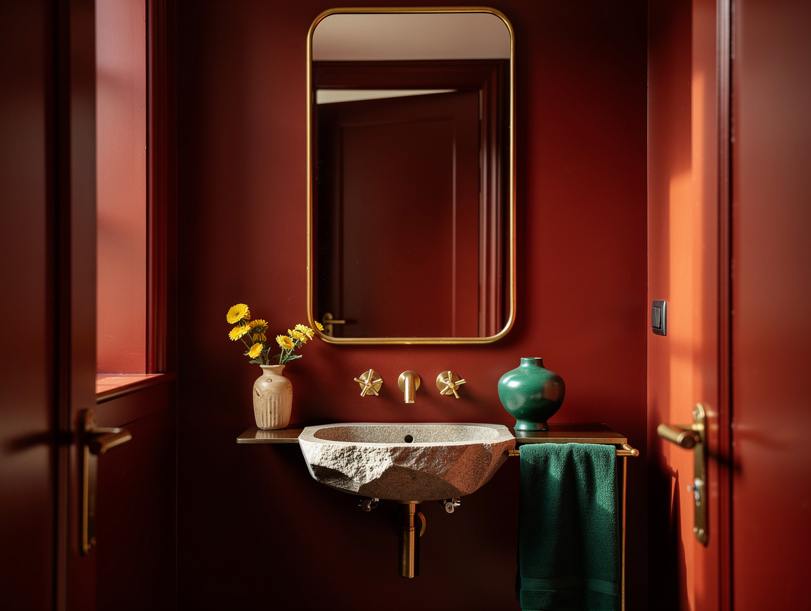 Realistic medium-shot editorial photo of a small powder room wrapped in rich red